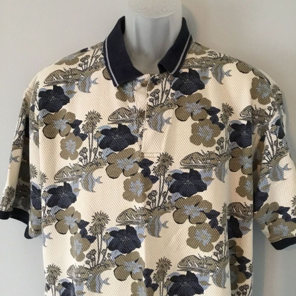Bugle Boy Men’s Polo Shirt Cream Colored With Blue & Khaki Tropical Print Size L - Picture 2 of 6